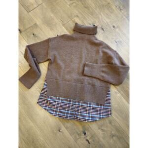 VOY Wool Blend Sweater Brown Tan Turtleneck Layered Look Plaid S Cottage Lagen